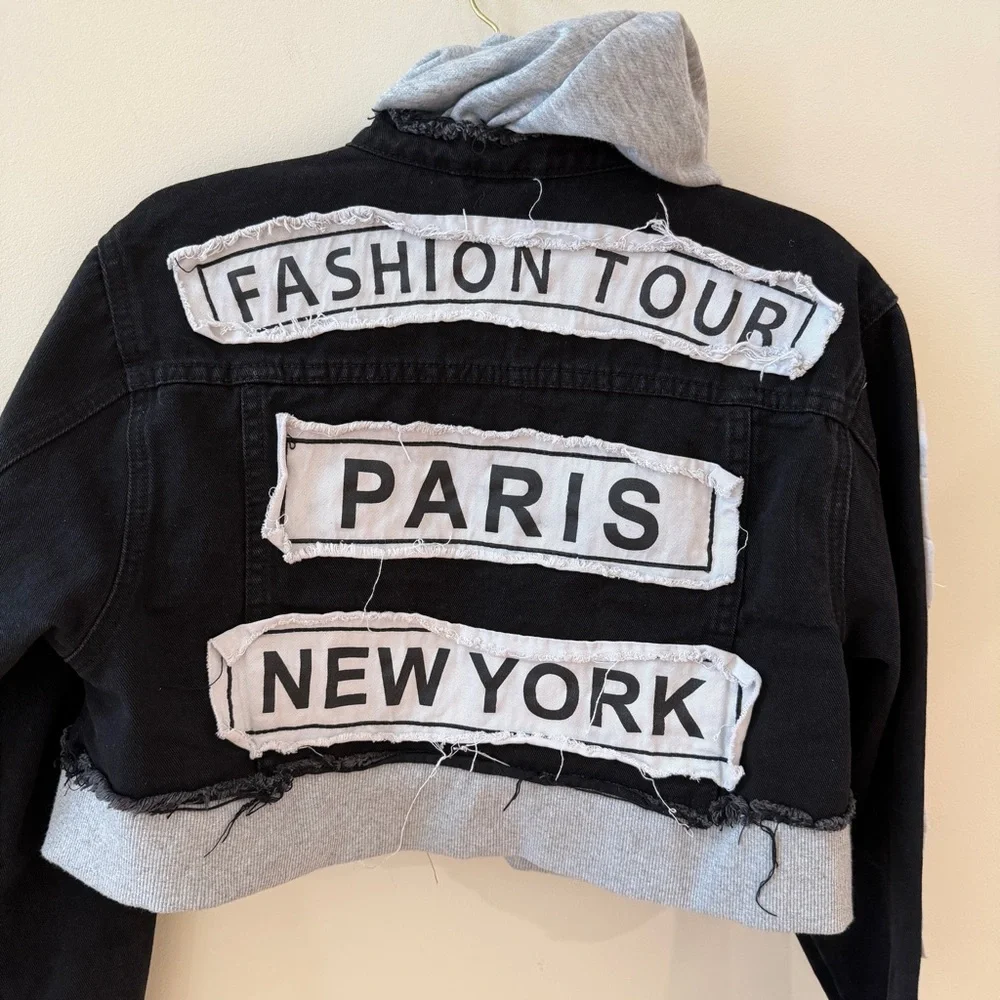 American Bazi Fashion Tour Cropped Denim Jacket with Gray Hoodie - Medium - Picture 3 of 13